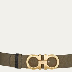 FERRAGAMO Adjustable/Reversible, Black & Green 3.5cm Gold Buckle Leather Belt